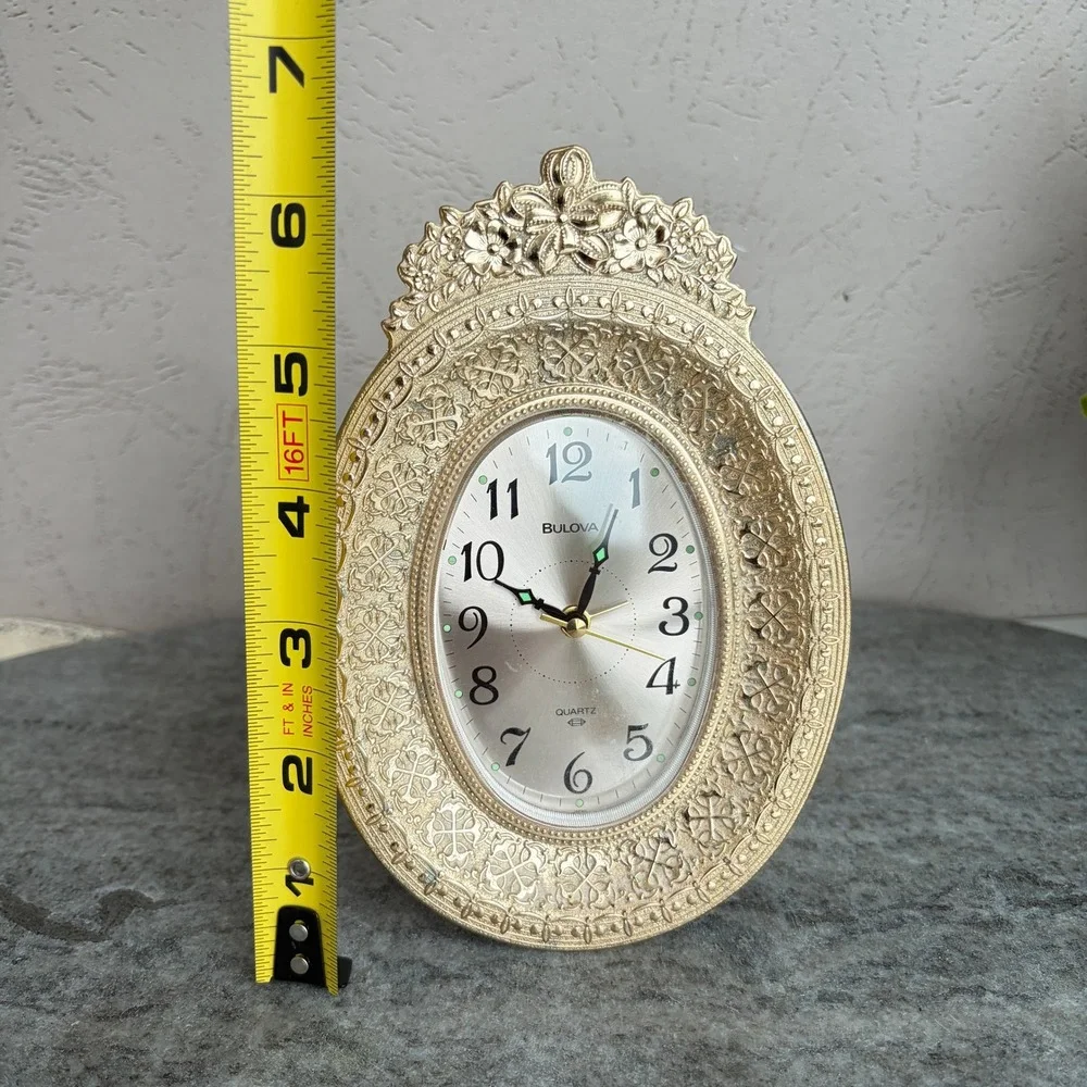 Bulova Quartz Alarm Clock Gold Tone Ornate Filigree Oval Table Desk 4RE708